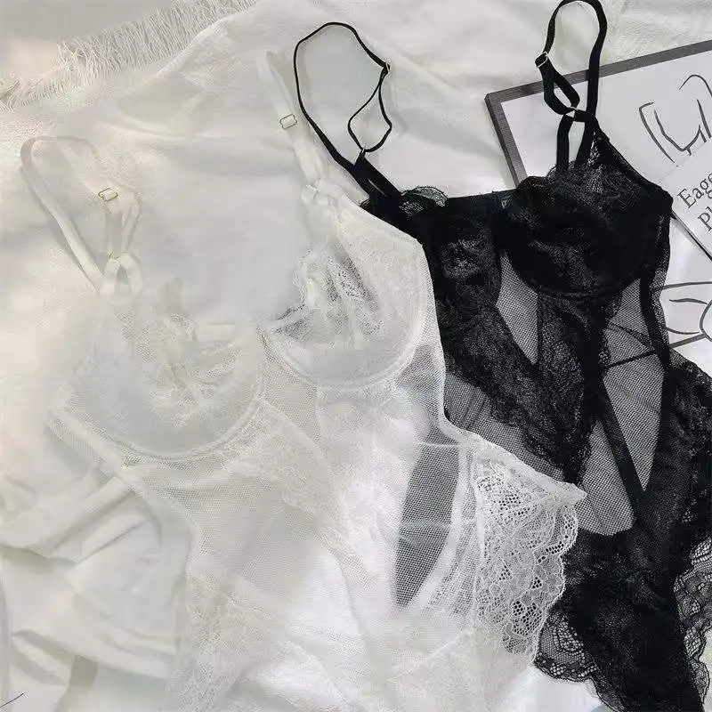 

Соблазнительное цельное нижнее белье, слитное нижнее белье, комплект из ультратонкого кружевного бюстгальтера со стальными кольцами и тон...