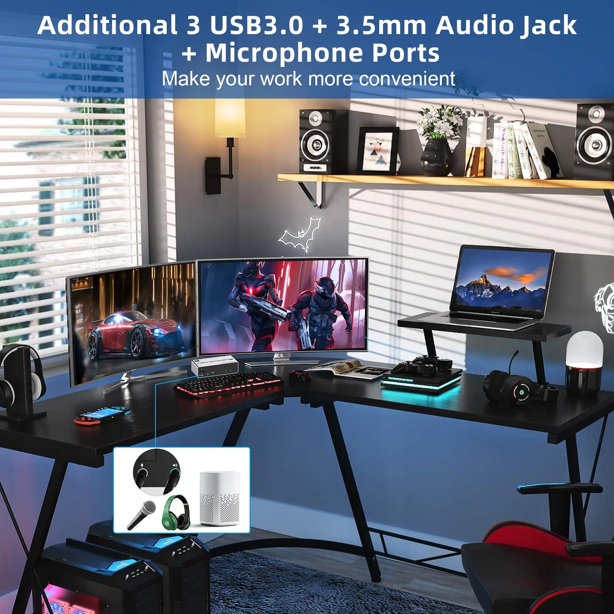 8K Displayport + 2 KVM-переключателя HDMI 3 монитора компьютера USB 3.0-8K при 60 Гц