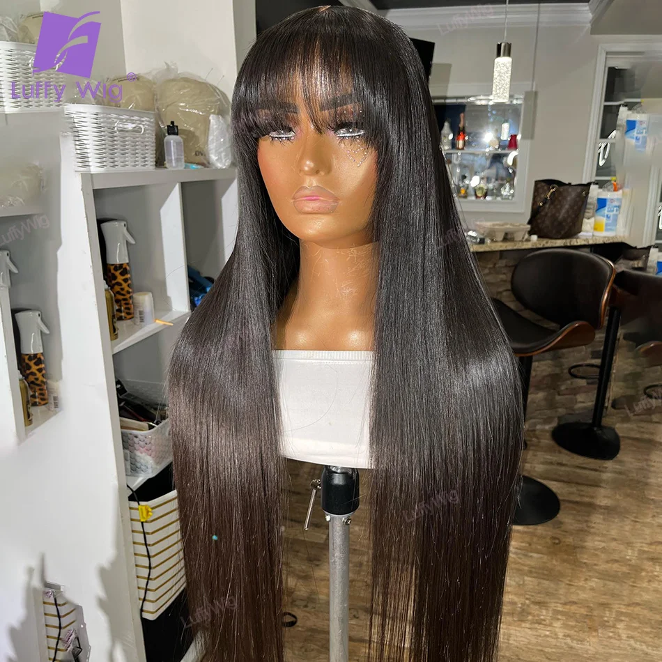 Straight Wig With Bangs Remy Brazilian Human Hair Wigs For Women Perruque Cheveux Full Machine Made O Fake Scalp Cheap Wig Luffy