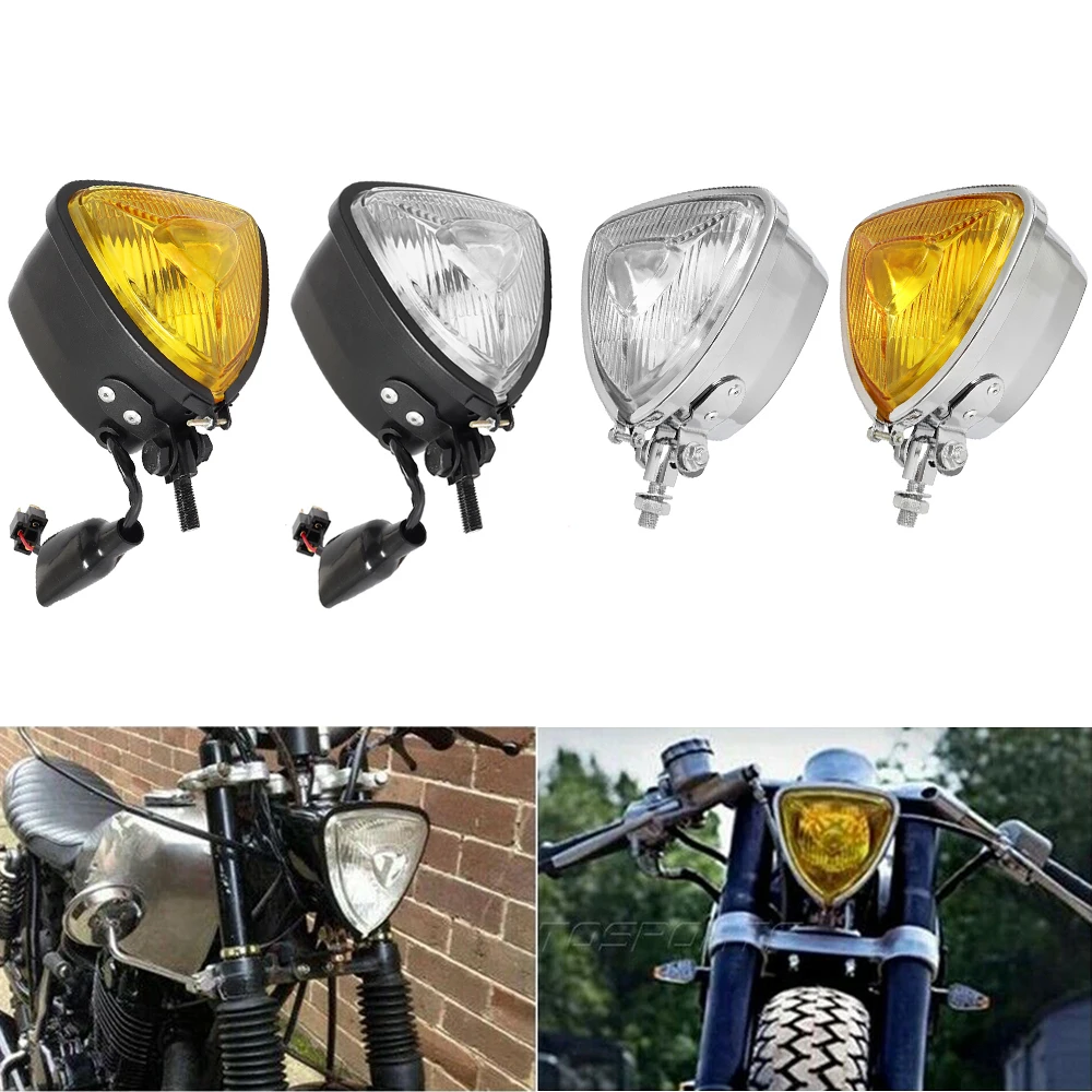 

Retro Motorcycle Triangle Headlight Chrome/ Black Clear Lens 12V Headlamp For Bobber Custom Chopper Caffe Racer Waterproof Light