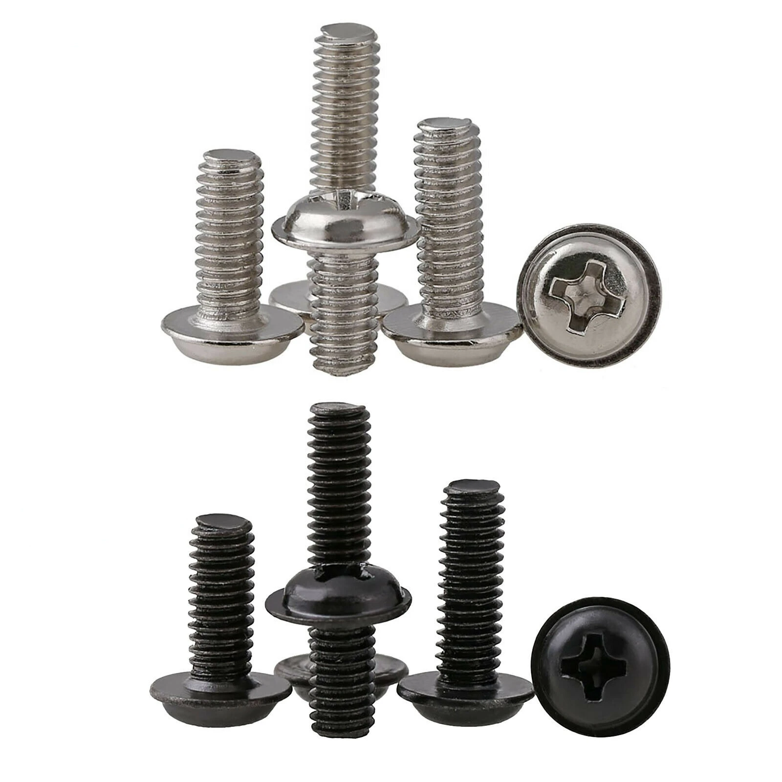 

50pcs Black/Nickel Plated Stainless Steel Cross Recessed Round Head with Washer Ring Screw Bolt M1.4/M1.7/M2/M2.5/M3/M3.5/M4