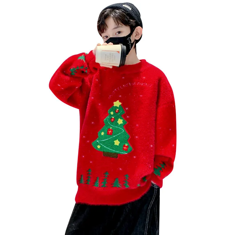 

Red Christmas Sweater For Kids Cartoon Tree Winter Warm Knitted Sweater Boys Long Sleeve Children Tops 4 5 7 9 11 13 14Years Old