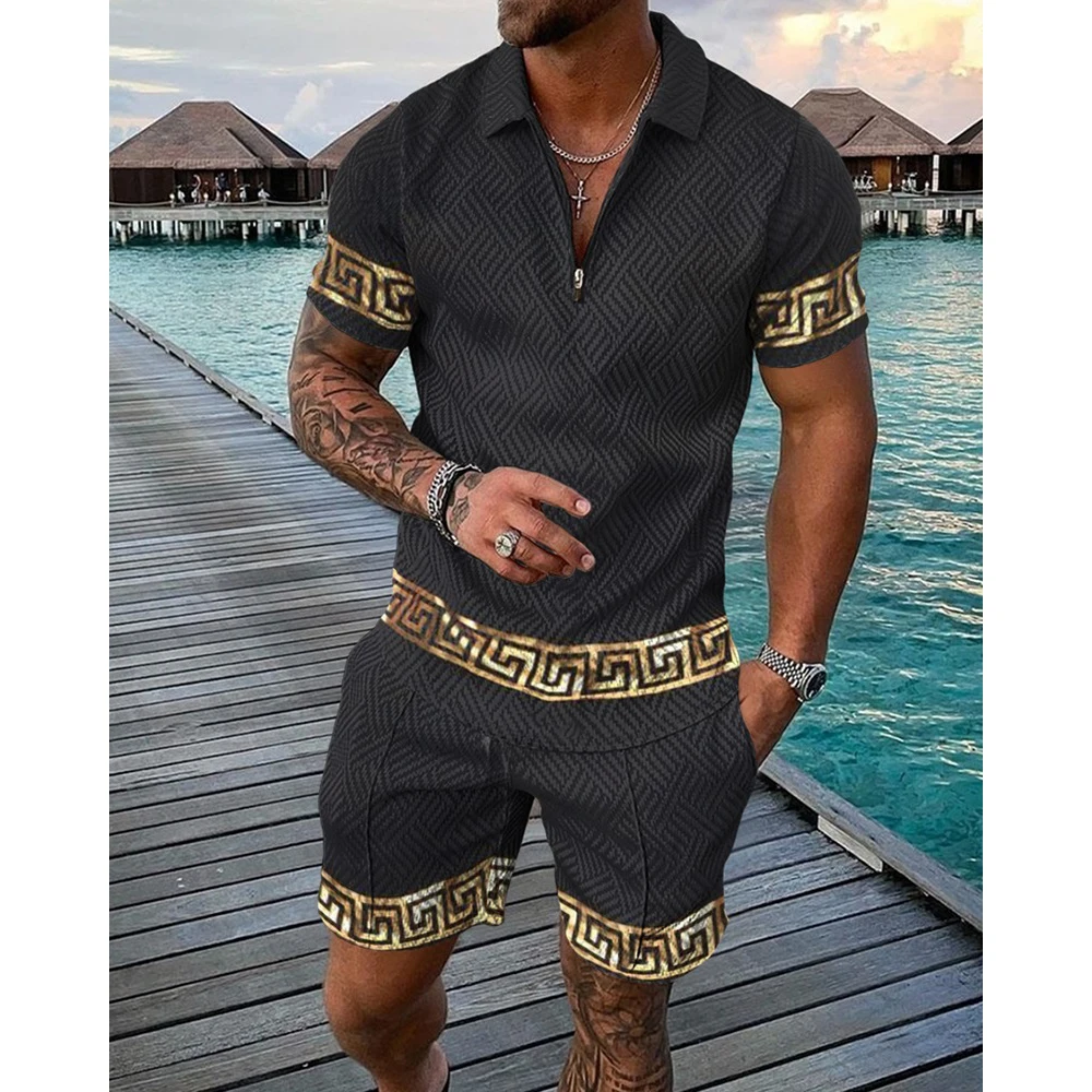2023 Summer Luxury Polo T Shirt Men Tracksuit Shorts Casual 2 Piece Sets 3D Print Men's Social Shirt Fashion Man Clothing Suit