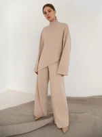women knitted pants sets irregular sweater pullover two piece sets casual outfits 2022 autumn vintage tops wide leg pants suits