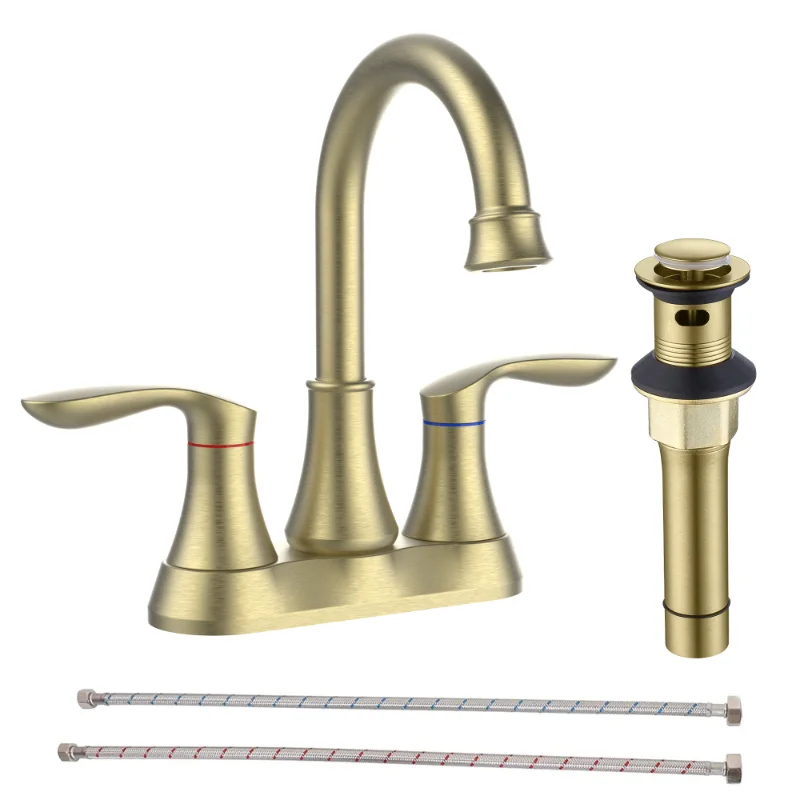 

Bathroom Faucet Brushed Gold with Pop Up Drain & Supply Hoses 2-Handle 360 Degree High Arc Swivel Spout Centerset