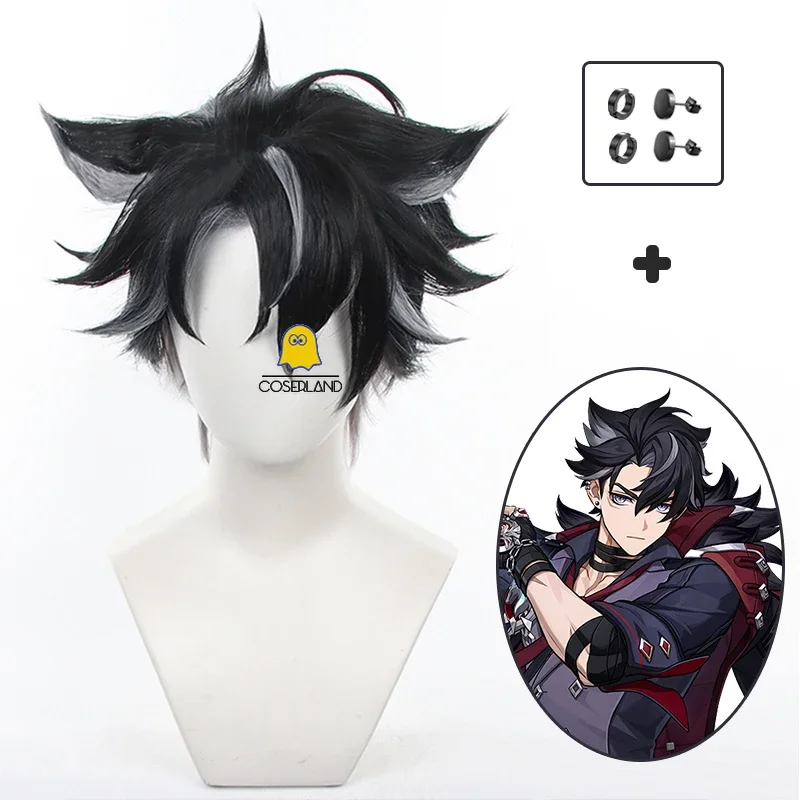 Парик для косплея Genshin Impact Wriothesley черно-серые короткие волосы серьги Фонтейн