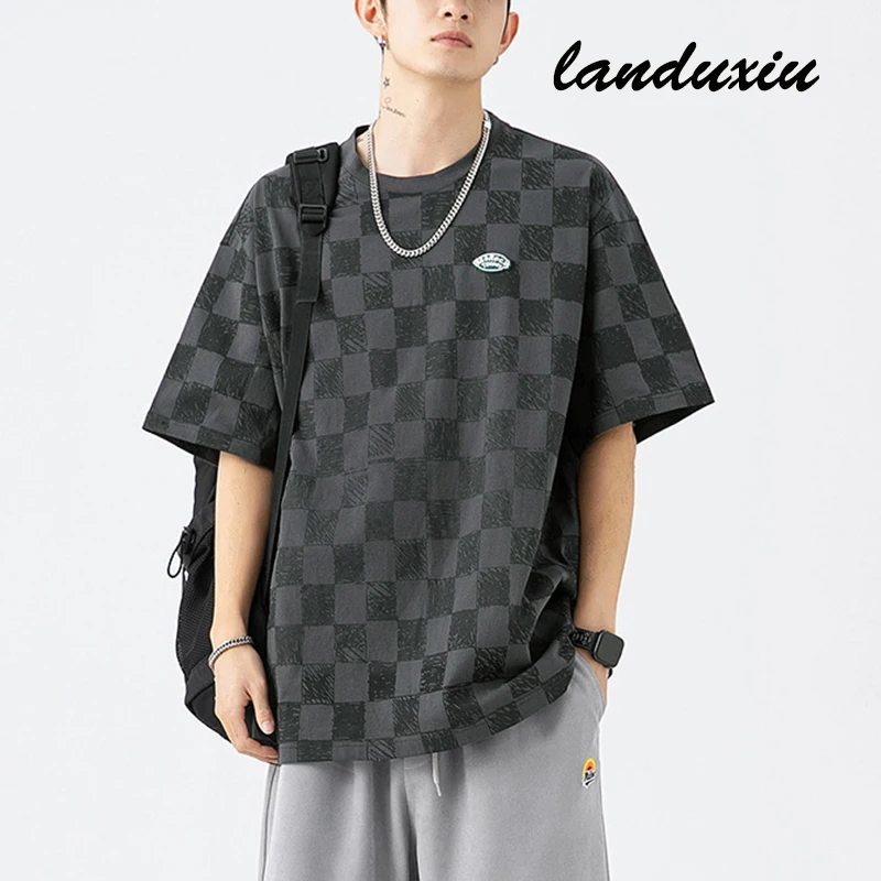 

2022 Summer New Trendy Men's Hand-Painted Checkerboard Print Short-Sleeved Casual T-Shirt Landuxiu