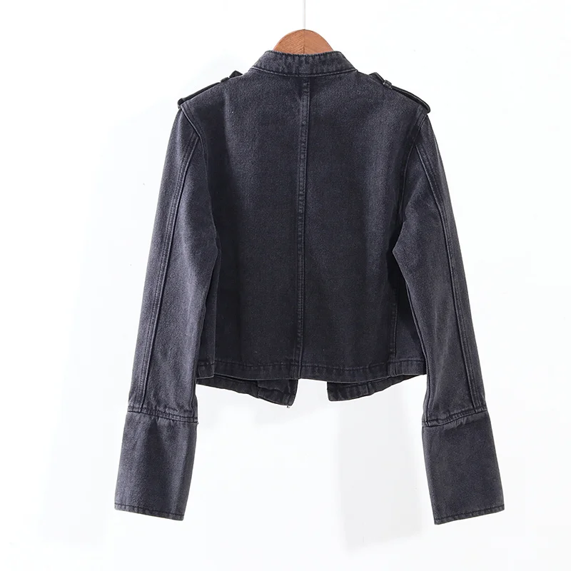 

Autumn 2022 Stand collar Denim Women Outerwear Double-breasted Short Black Blue Jeans Jacket Coat Female Chaquetas Mujer