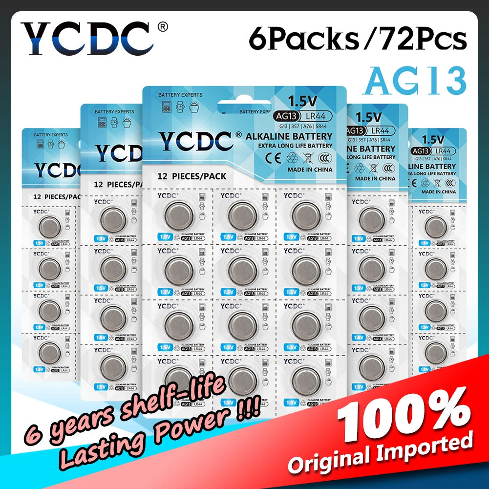 YCDC Button Battery 72pcs 1.5V AG13 LR44 LR 44 AG 13 Coin Batteries R44 SR1154 LR1154 Alkaline Battery Cell GP76 GPA76  L1154