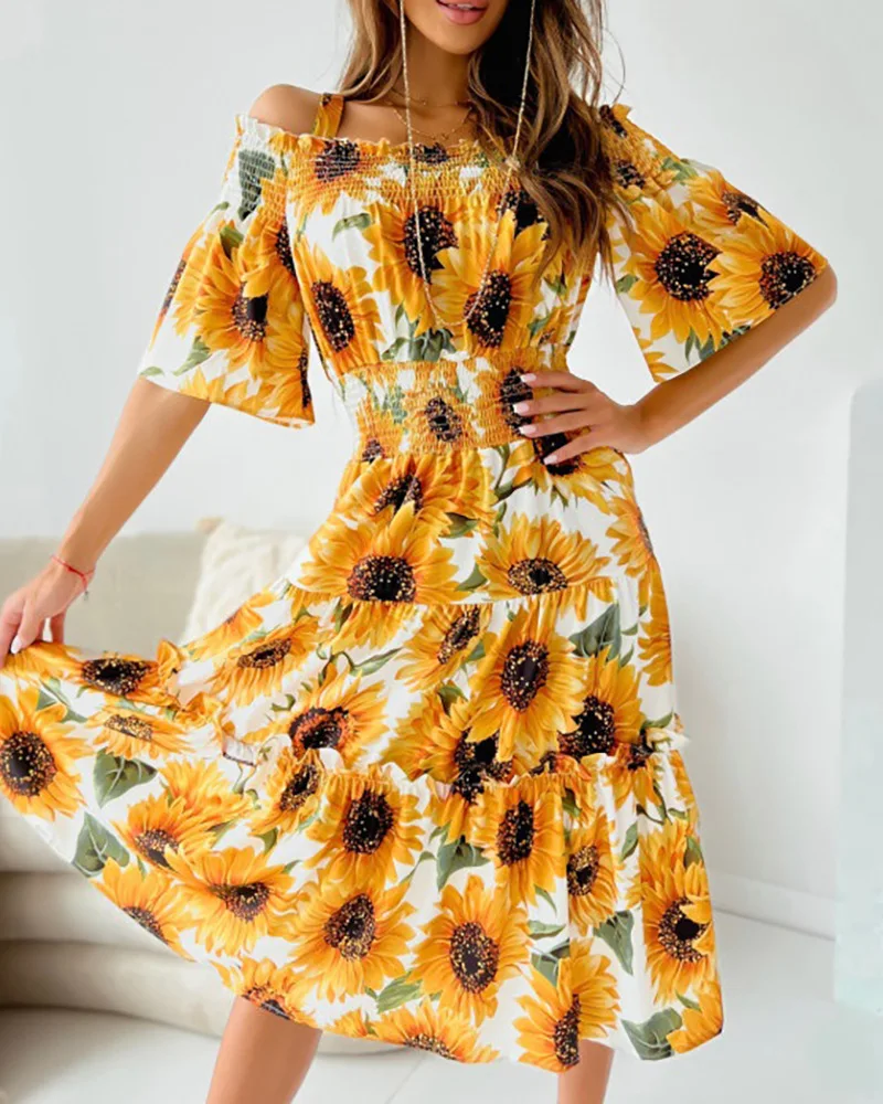 

Sunflower Print Cold Shoulder Shirred Swing Dress Women Long Loose Maxi Dress Slash Neck Off Shoulder Sexy Fashion