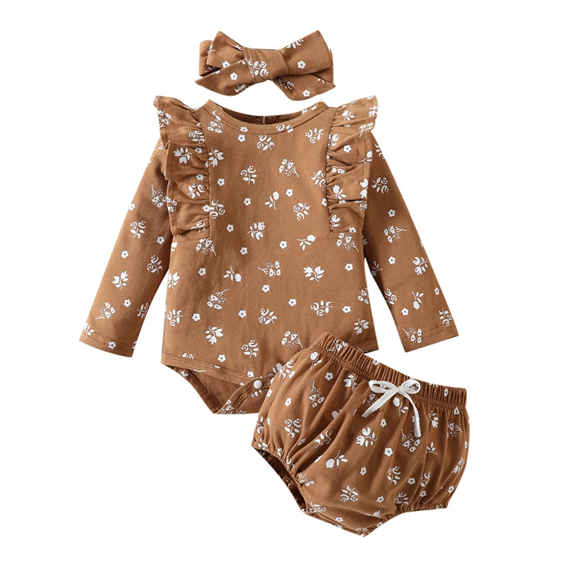 

Осенняя одежда для маленьких девочек 0-24 мес., 3 шт., боди с длинным рукавом и цветочным принтом, комбинезон + шорты + комплект с повязкой на гол...