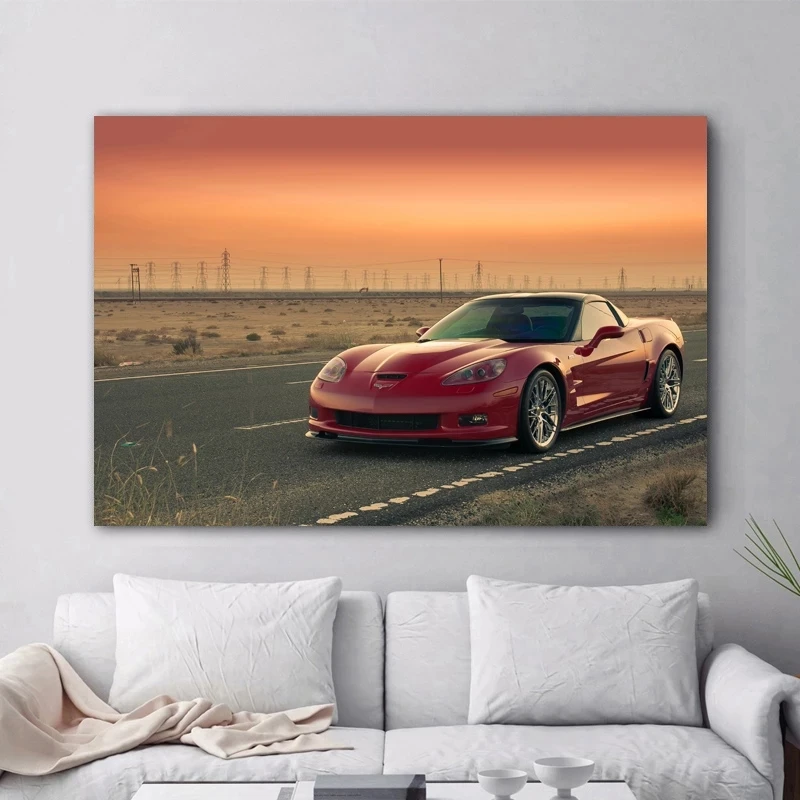 

Corvette Red Cars Road Landscape Posters Canvas Printed Wall Art For Home Decor Living Room Decorations