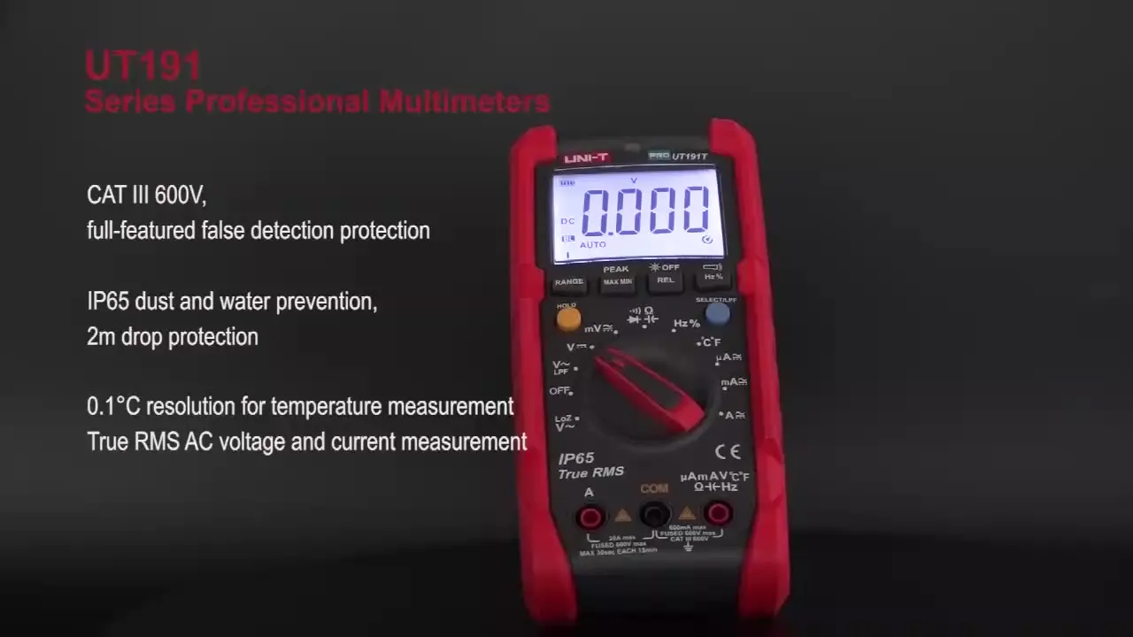 

UNI-T UT191E/UT191T Digital Multimeter Professional True RMS Voltmeter 600V 200A 6000 Display Count IP65 ACV LoZ LPF Tester