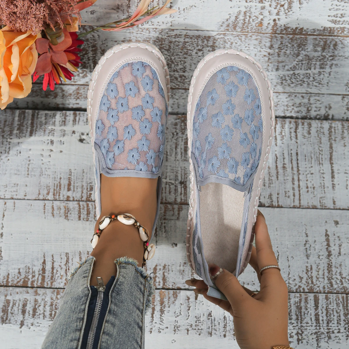 Кроссовки женские сетчатые на плоской подошве дышащие лоферы круглый носок