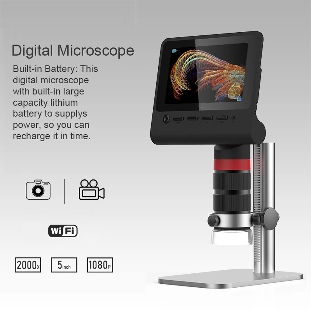 

Цифровой микроскоп, 1080P, 5 мегапикселей, Wi-Fi, портативный промышленный микроскоп, 5-дюймовый экран дисплея, режимы фото-и видеосъемки с 8 светодиодный ными лампами