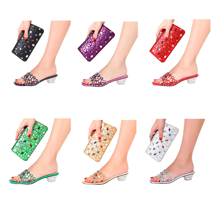 Italian design crystal shiny for wedding travel evening wear party plus size free shipping wholesale summer women's shoe bag set