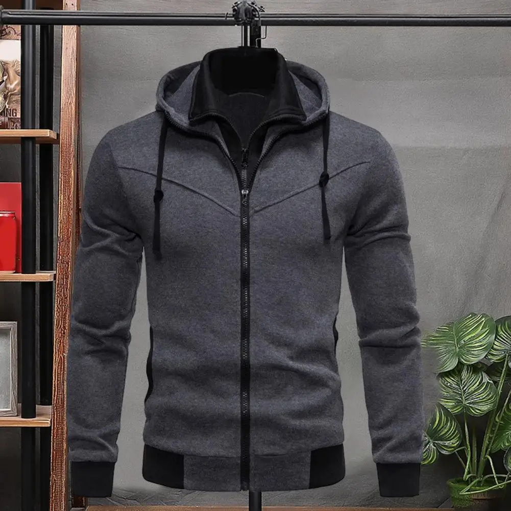 

Men Jacket Autumn Winter Stand Collar Hooded Sweatshirt Coat Drawstring Long Sleeve Contrast Color Slim Fit Cardigan Outwear