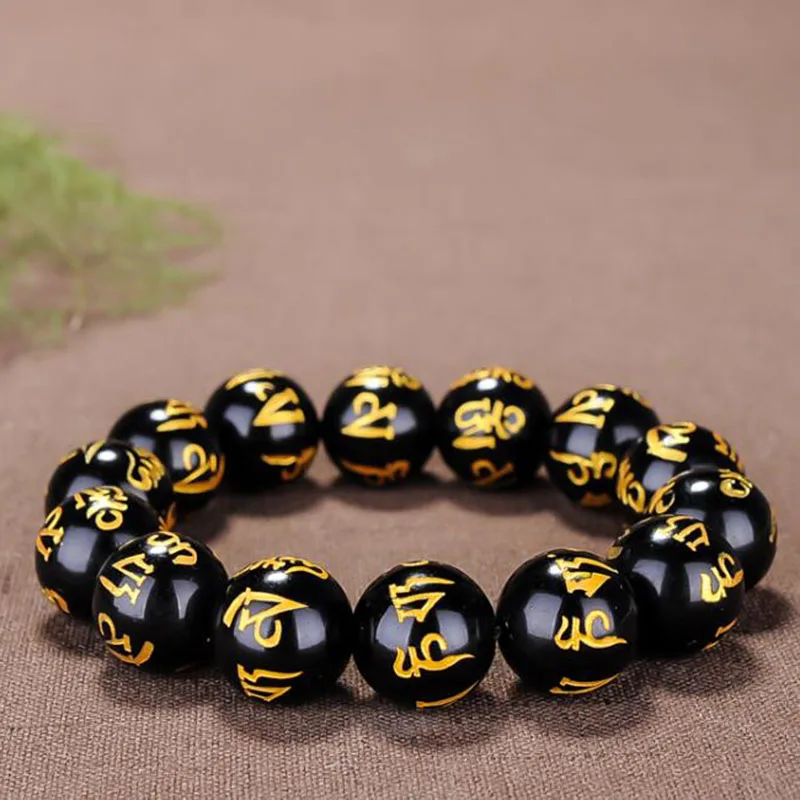 

Natural Obsidian Bracelet Six Character Mantra Black Jades Buddha Beads Elastic Beaded Bangle Men Women Lucky Amulet Bracelets