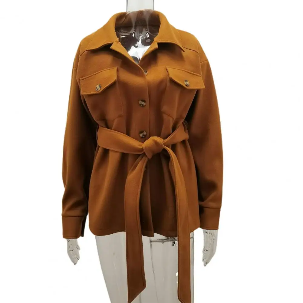 

Breast Pocket Women Coat Elegant Women's Winter Coat Belted Turn-down Collar Solid Color Slim Fit Stylish Jacket for Ladies