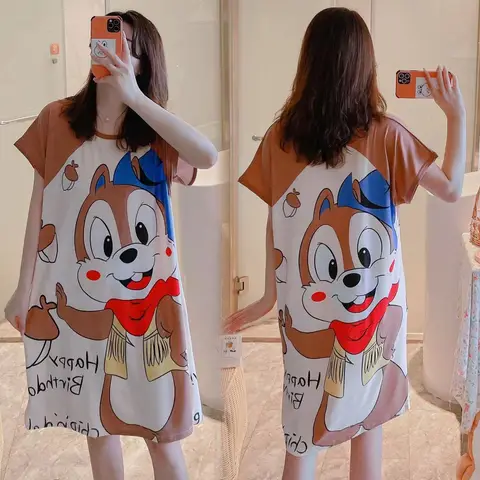 Ночная рубашка Disney 1 шт. Пижама Минни средней длины женская летняя тонкая Свободная юбка с коротким рукавом домашнее обслуживание