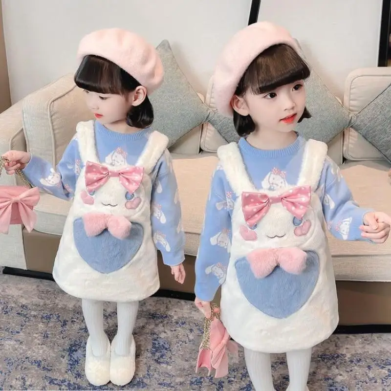 

Cartoon Cute Kawaii Sanrioed Cinnamoroll Set Children's Autumn and Winter Plush Warm Shoulder Strap Two Piece Long Sweater Skirt
