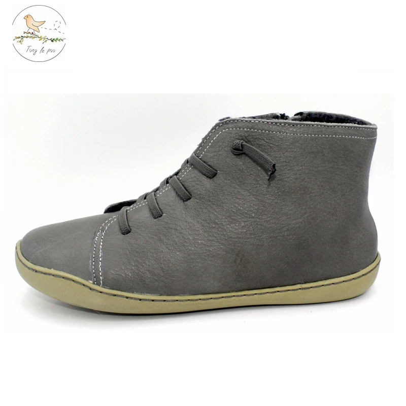 TONGLEPAO Women's Casual Flat Leather Retro Lace-up Boots Side Zipper Round Shoe Leather Ankle Boots Zapatos Mujer Wram Botas