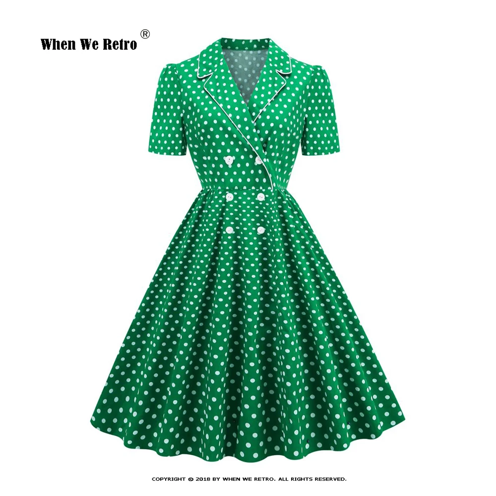 

Dresses for WOMEN 2023 Hepburn Wind Retro Green Polka Dot Dress A Wrinkled A Line Short Sleeved Cotton Dress VD3199 S-XXL