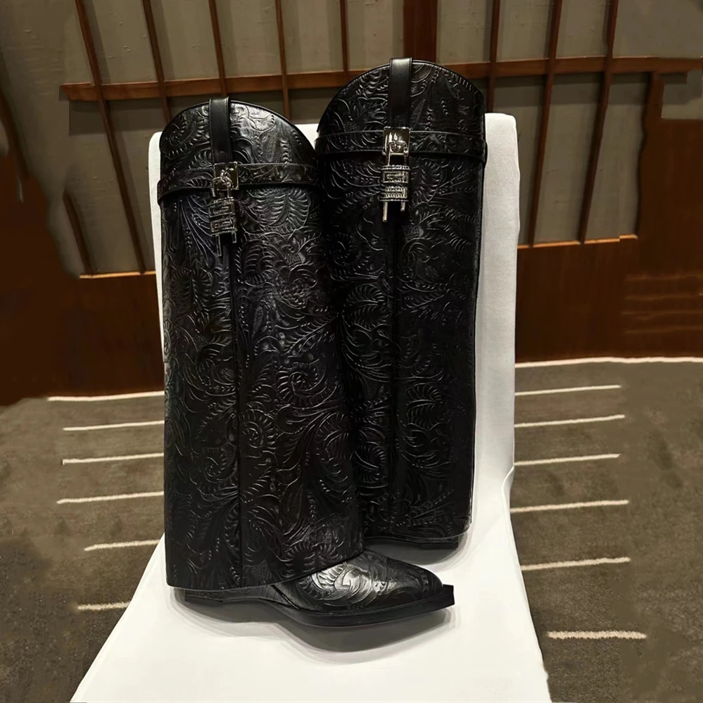 Women's Long Boots Wedge Heel Knee Length Boots Fashion Metal Lock Buckle Printed Totem Square Head High Heels Banquet Pumps