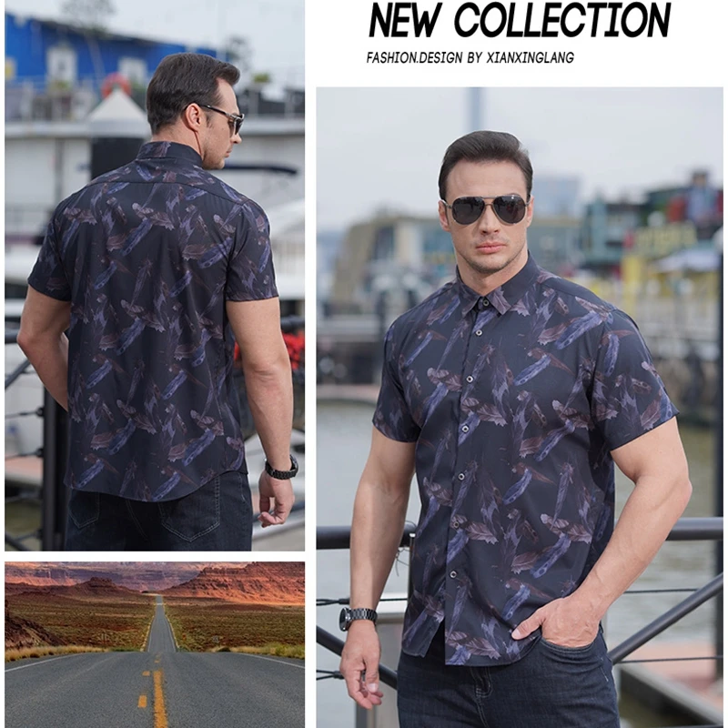 Рубашка мужская оверсайз с отложным воротником короткий рукав Свободная блуза