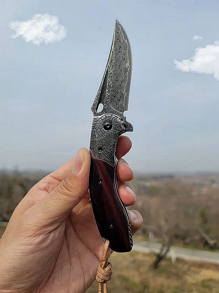 Японский складной нож VG10 из дамасской стали с изображением старых листьев и
