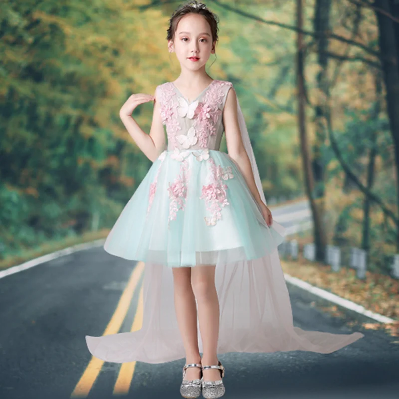 Girl'S New Puffy Princess Dress Evening Dress Flower Girl Blue Wedding Dress Bridesmaid Model Walk Show Performance Dress Summer