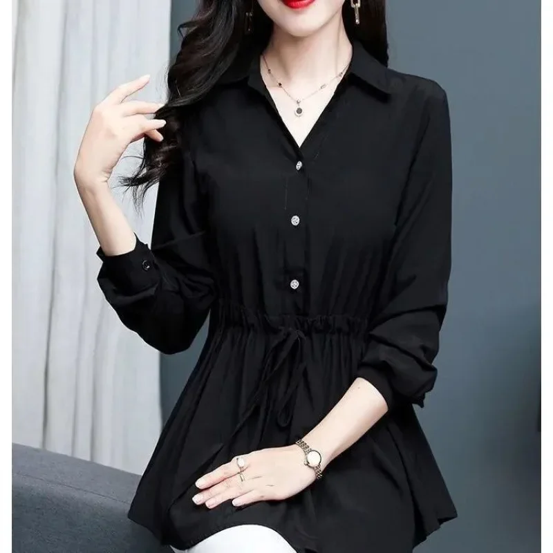Plus Size Loose-Fit Chiffon Shirt 2024 Spring Autumn New Long Sleeve Women's Belly Covering Slimming Top Small Underwear