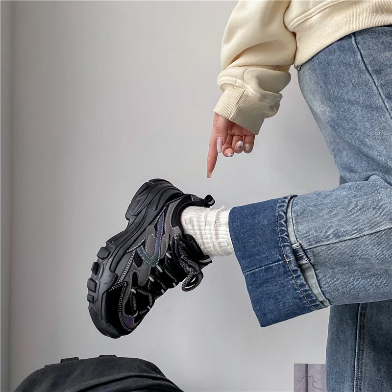 2023 New Spring Women Casual Sneakers Woman Fashion Platform Flats Lace Up Outdoor Walking Shoes Black