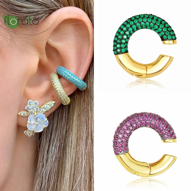 

Single Clip on earrings Colorful CZ Gold Earrings for Women Party Luxury Jewelry Aretes Non Pierced Earrings Accessories Gifts