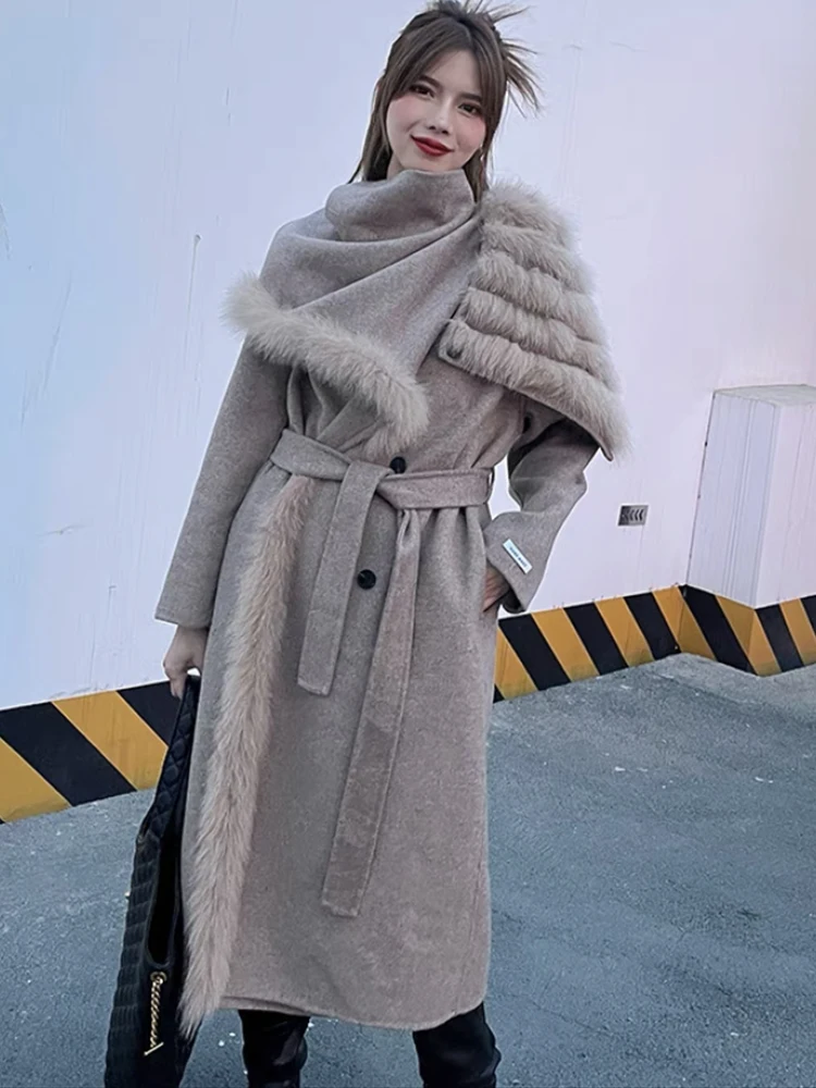 

Женское шерстяное пальто с украшением из натурального Лисьего меха, длинное приталенное шерстяное пальто, верхняя одежда на осень, 2022