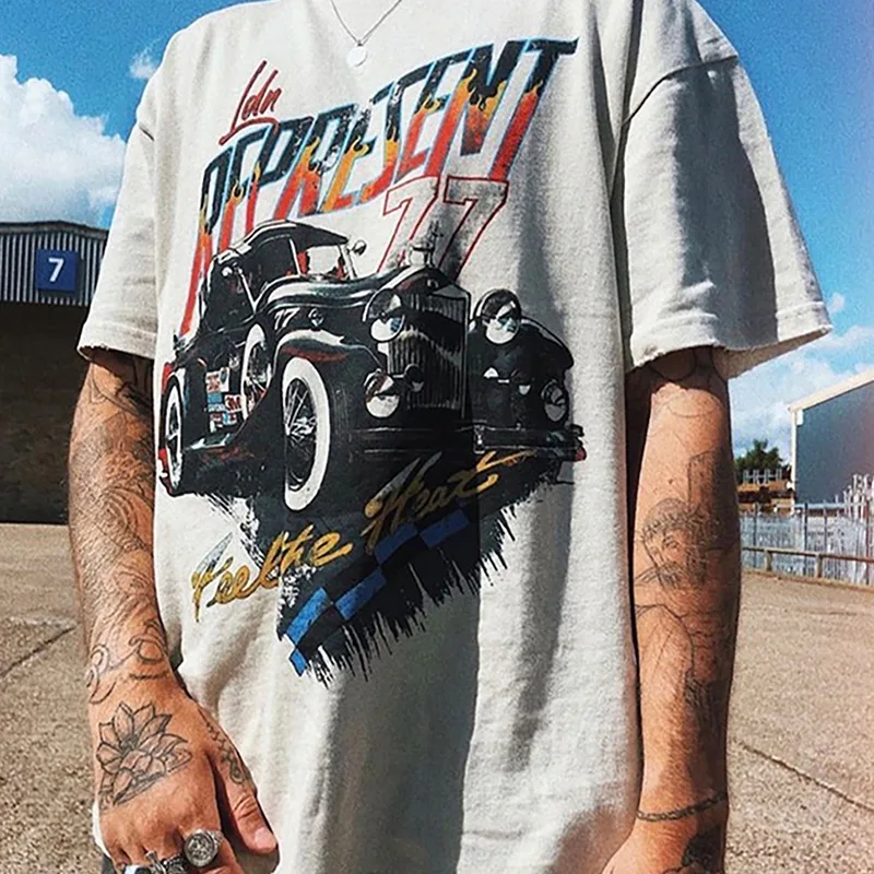 

Classic car printing destroys Vintage retro washed and made old high street loose short-sleeved t-shirts for men and women