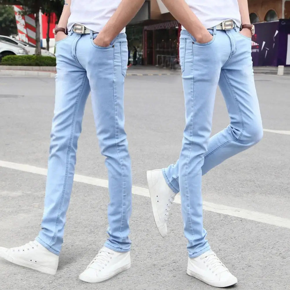 Simple Denim Trousers Pockets Ankle Length Slim Fit Pencil Denim Trousers  Skin-Touch Men Jeans Streetwear