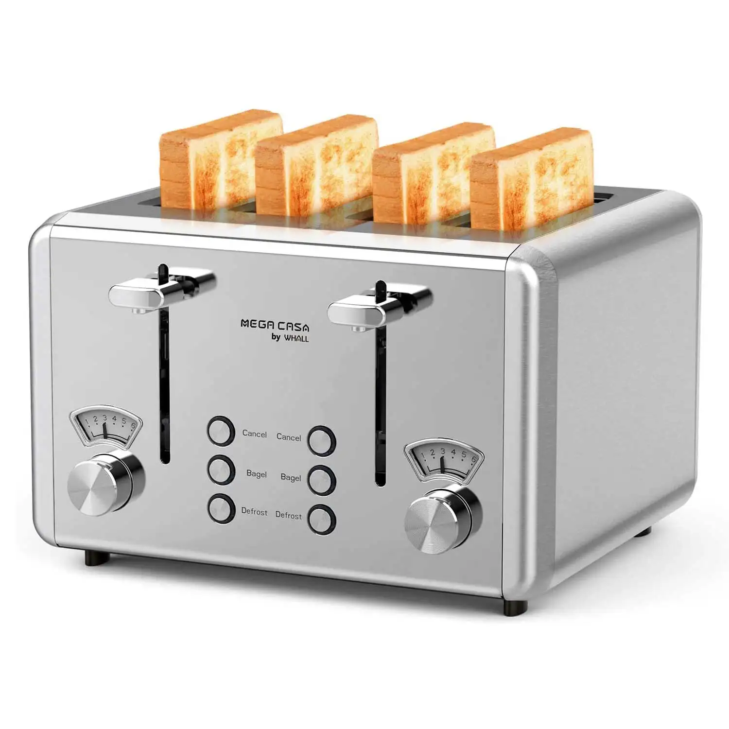 

WHALL Stainless Steel Toaster 4 Slice,Bagel Toaster-6 Bread Shade Settings,with Dual Control Panels,for Various Bread Types