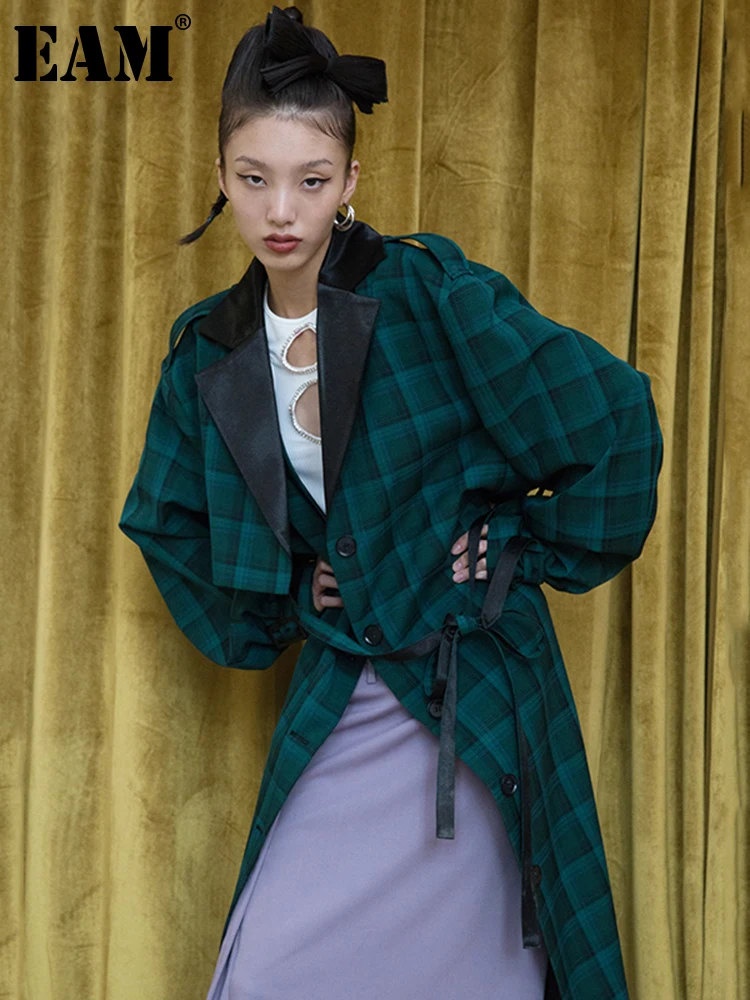 

[EAM] Women Dark Green Plaid Big Size Long Trench New Lapel Long Sleeve Loose Fit Windbreaker Fashion Spring Autumn 2022 1DB981