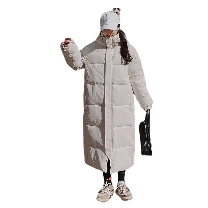 Korean version loose medium length knee down cotton padded jacket for women 2022 winter new hooded thickened