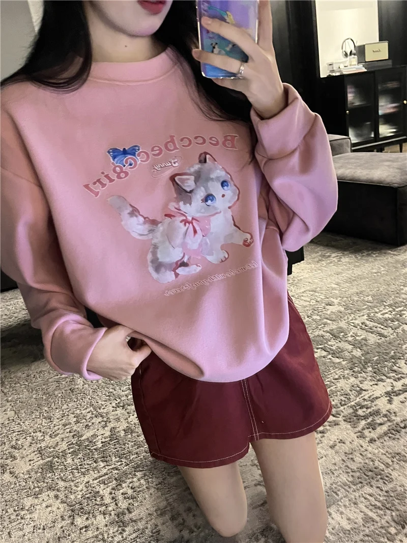 

Женская толстовка с рисунком кота, розовая бежевая теплая толстовка на флисовой подкладке с круглым вырезом и графическим принтом
