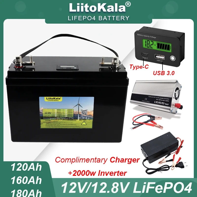 

LiitoKala 12V/12.8v 160ah LiFePO4 Battery outdoors Touring car Multifunctional USB 3.0 Type-C Output 2000w 220v Inverter Charger