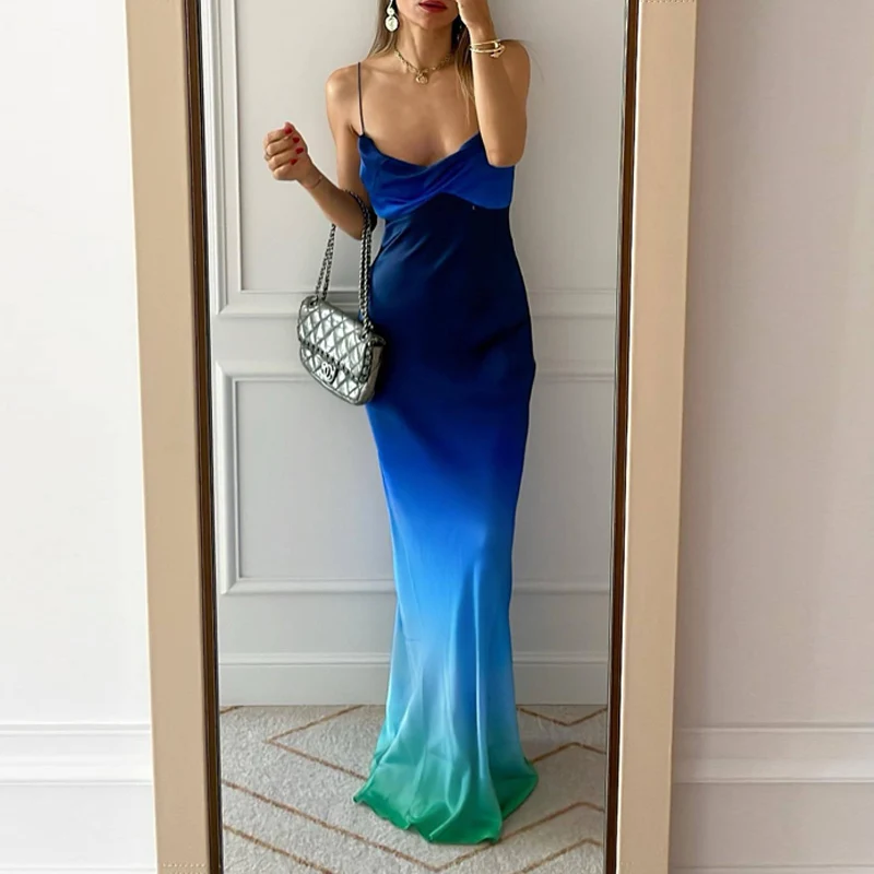 

Элегантное облегающее вечернее платье макси без рукавов, летнее градиентное длинное платье с низким воротником, модные праздничные плиссированные платья на бретелях с открытой спиной
