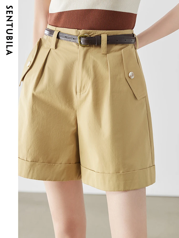 Sentubila 100% Cotton Khaki Summer Shorts Pants for Women 2023 Fashion Office Lady Elastic High Waist Straight Wide Leg Pant