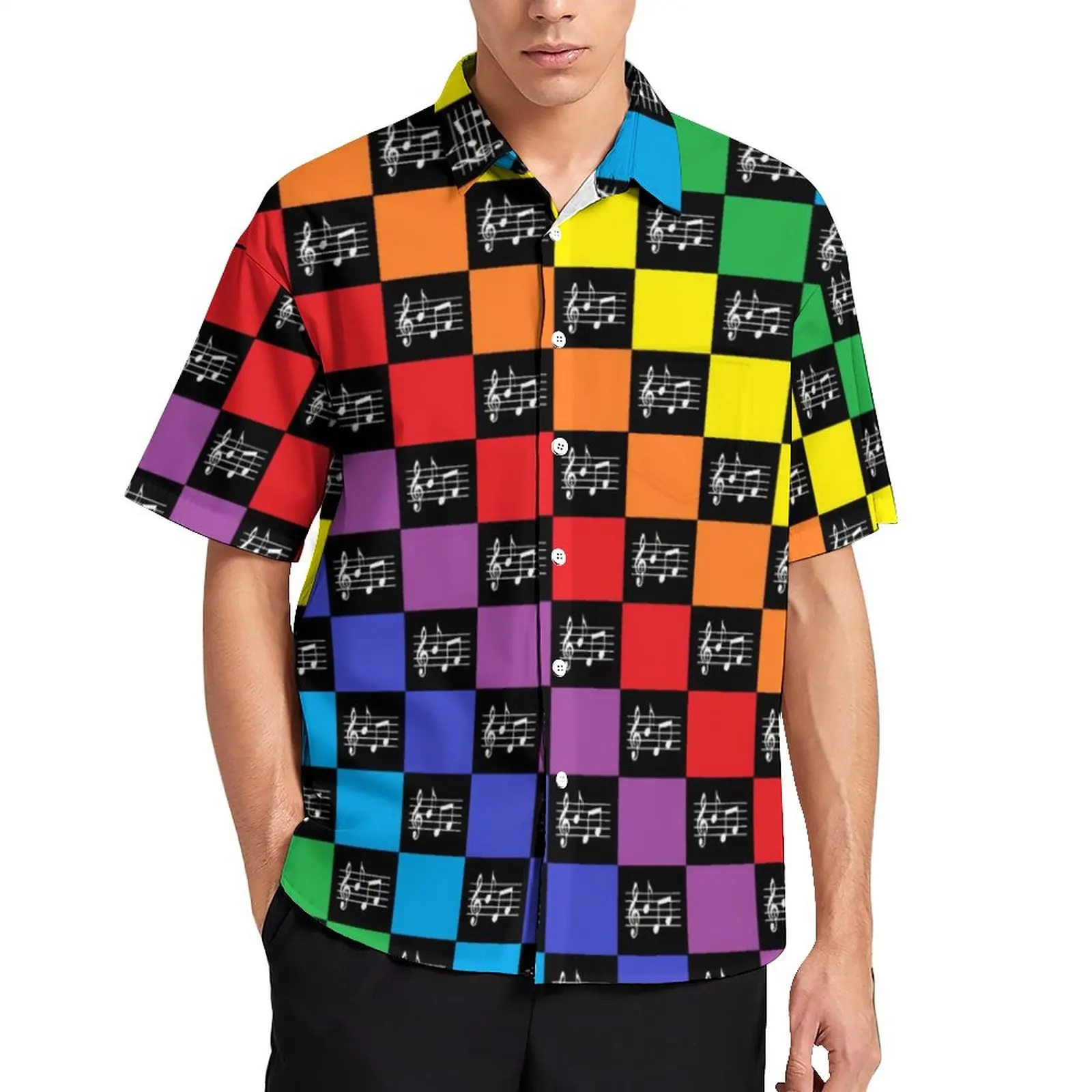 

Rainbow Music Notes Loose Shirt Men Vacation Checkered Casual Shirts Hawaiian Custom Short-Sleeve Street Style Oversized Blouses