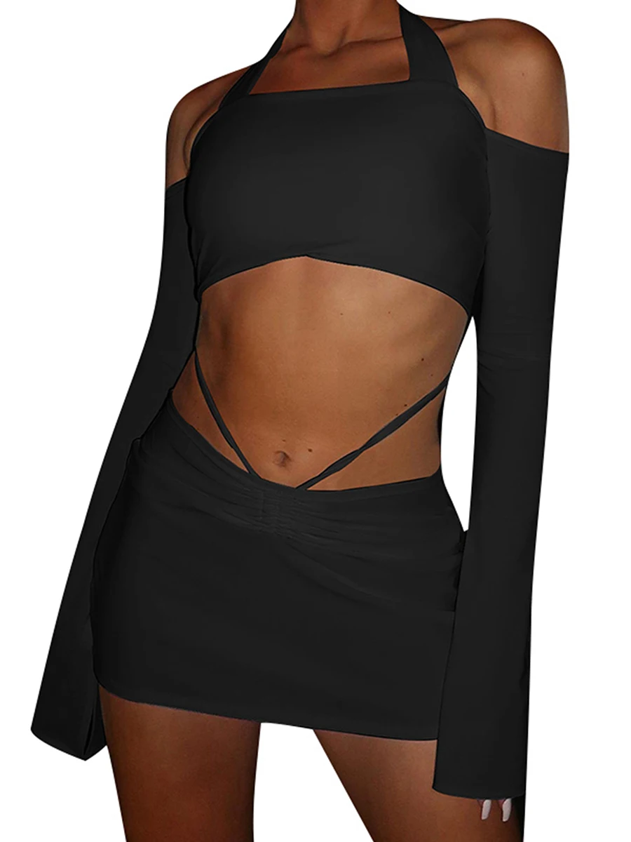 

Женский комплект одежды с длинным рукавом, однотонная короткая юбка с длинным рукавом