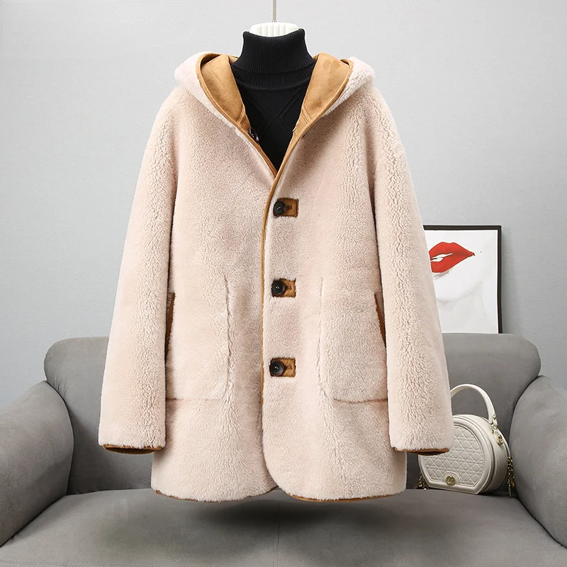 

Women Fur Winter Sheep Shearling Fur Coat Coat Women Clothing Real Wool Coat Warm Hooded Reversible Female Fur Jacket Zm1751