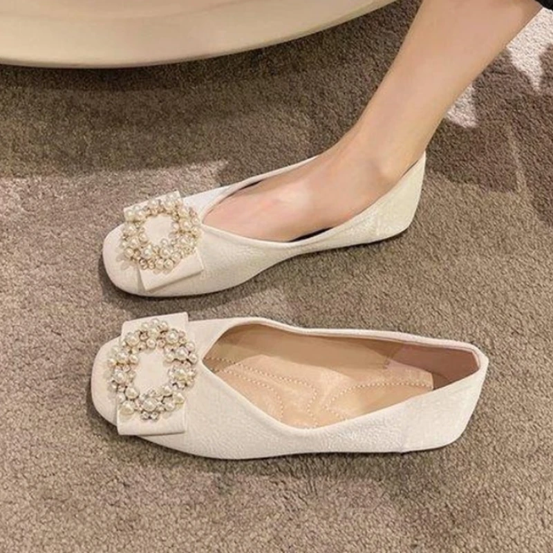 

Korean Low Top Shoes Square Toe Slip-on Soft Pearl Decorateion Female Footwear Shallow Mouth Casual 2022 Summer New Flats
