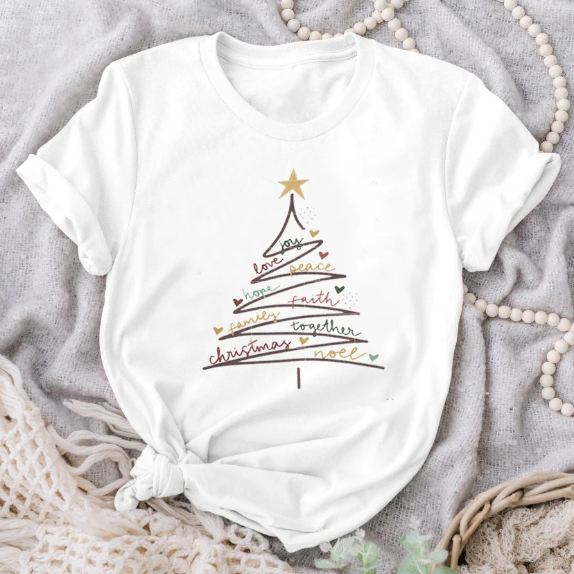 

Счастливого Рождества, модная Рождественская елка с мультяшным принтом, модная повседневная футболка с коротким рукавом, одежда, женская ф...