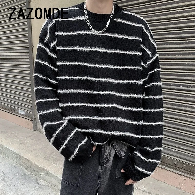 ZAZOMDE винтажный черно-белый полосатый свитер вязаный топ для мужчин осень-зима с